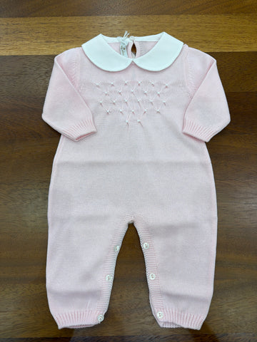 Tutina Baby Lord in filo manica lunga rosa con lavorazione di punto smock bianco