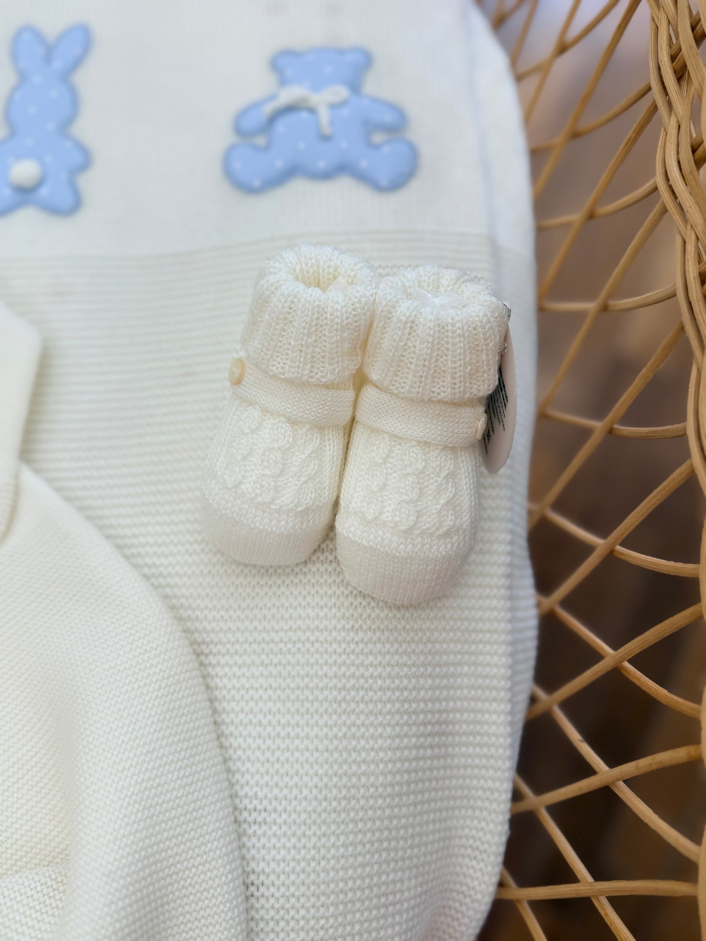 Coordinato nascita Baby Lord in lana con orsetti e coniglietti a pois