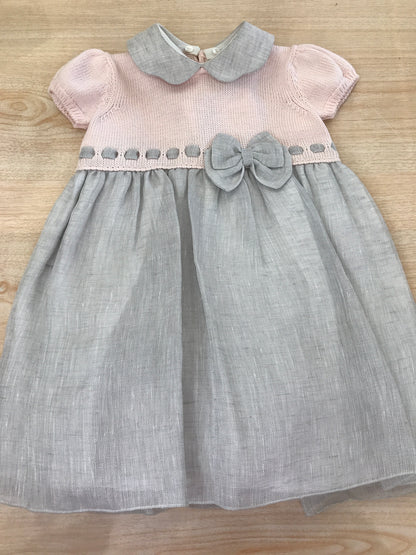 Abito Colibrì con corpetto in filo rosa con gonna in lino grigio con passanastro e fiocchetto