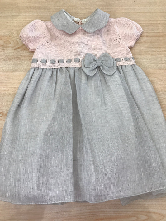 Abito Colibrì con corpetto in filo rosa con gonna in lino grigio con passanastro e fiocchetto