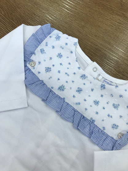 Tutina Laranjinha in cotone con bavettone con rusche e fiorellini