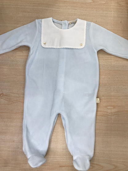 Tutina Baby Gi in ciniglia celeste intera con dettaglio bianco smerlato effetto bavetta