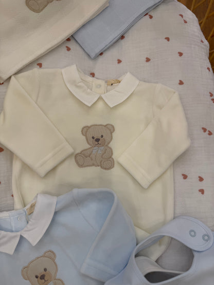 Coordinato nascita Baby Gi in ciniglia con orsetti con fiocchetti