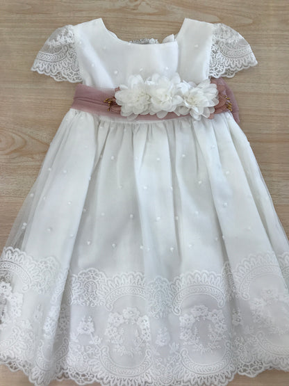 Abito Paz Rodriguez in cotone con tulle con rifiniture in pizzo con fascia in vita con fiori