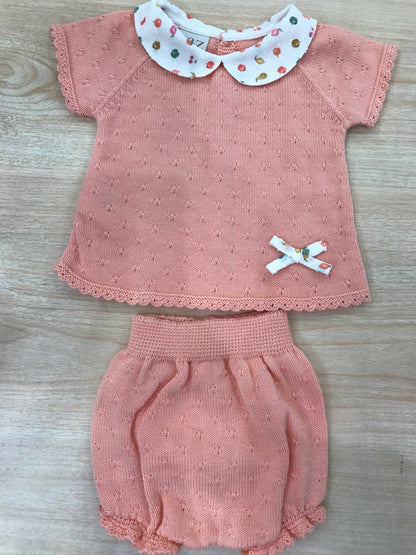 Completo Paz Rodriguez in filo rosa pesca mezza manica con colletto tondo con frutta con culotte