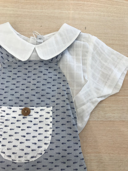 Completo Paloma De La O salopette con bretelle con spine di pesce con camicia mezza manica bianca in lino