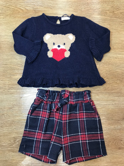 Completo Jo Milano mglioncino in lana con orsetto e pantalone corto scozzese