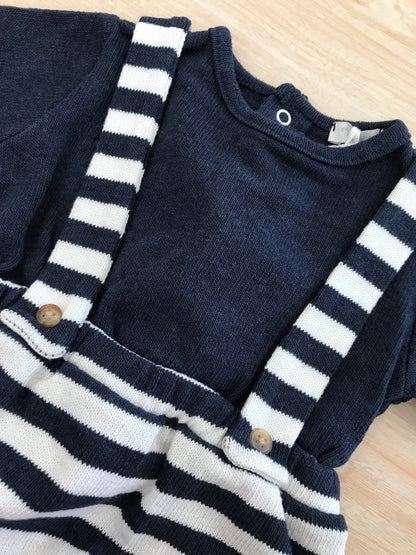 Pagliaccetto Nanan in cotone salopette con bretelle a righe con t-shirt blu