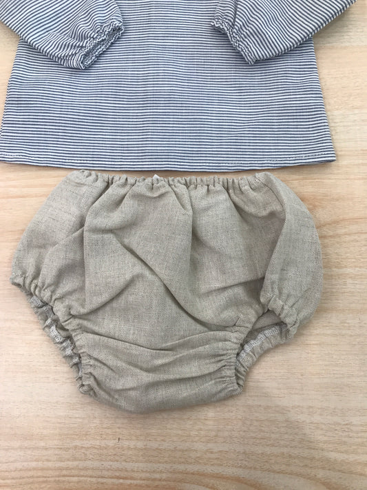 Completo Paloma De La O  in cotone camicia manica lunga con bottoncini sul retro a righe bianche e blu con culotte tortora