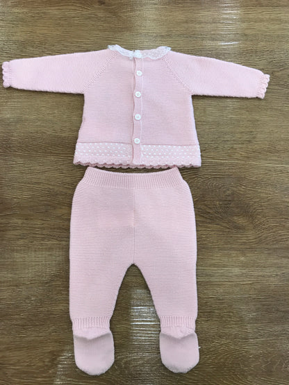 Tutina PCS in lana rosa due pezzi con piedini con applicazione id valancienne e piccolo fiocchetto
