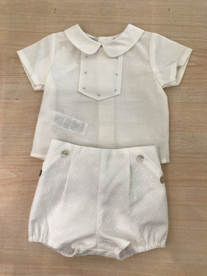 Completo Paz Rodriguez in cotone camicia mezza manica con lavorazione sul petto pantalone corto bianco