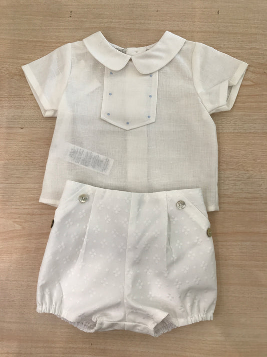 Completo Paz Rodriguez in cotone camicia mezza manica con lavorazione sul petto pantalone corto bianco