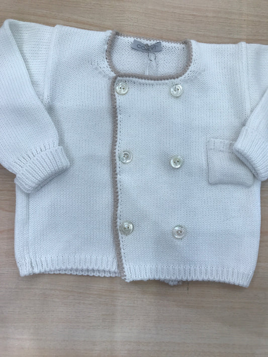 Cardigan Colibrì in filo di cotone manica lunga bianco doppio petto con profilo tortora e taschino laterale