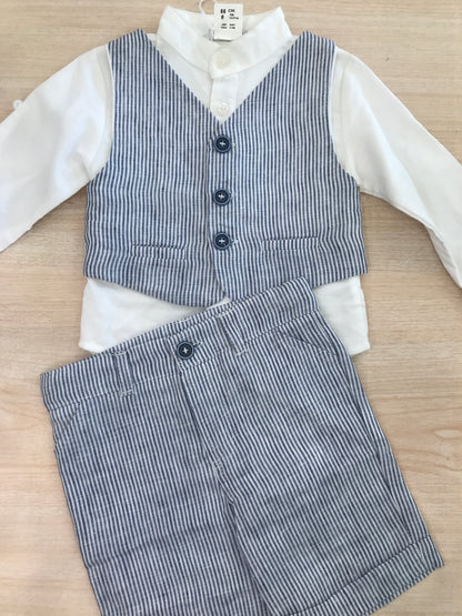 Completo Coccodè in cotone bermuda all'inglese camicia manica lunga con panciotto a righe bianco e blu