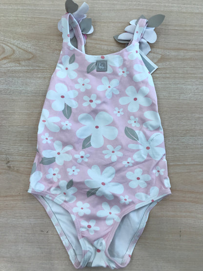 Costume Al agua Patos rosa con fiorellini bianchi e fiori in rilievo applicati sulle bretelle