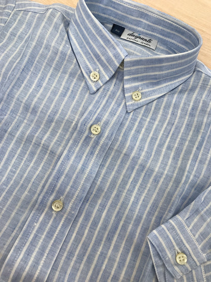 Camicia Duepunti in lino celeste con righe bianche manica lunga con colletto a punta