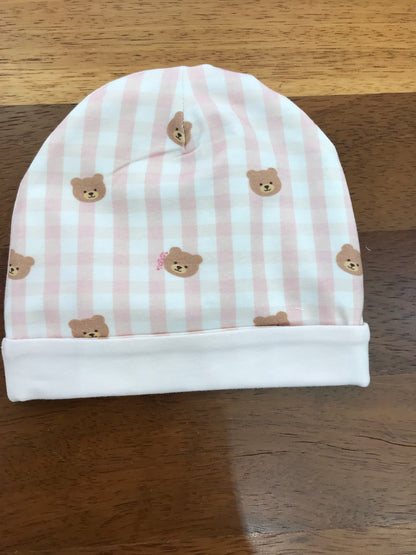 Cappello Nanan in cotone a quadretti rosa e bianchi con orsetti