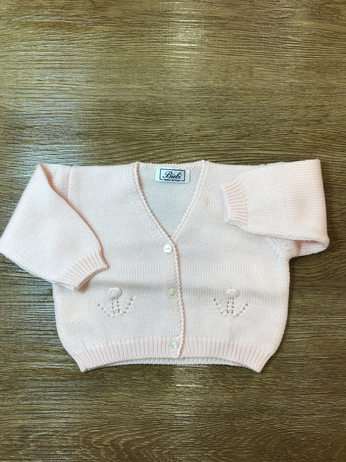 Cardigan Biebi in lana rosa con piccoli bottoncini e ricamo sul davanti