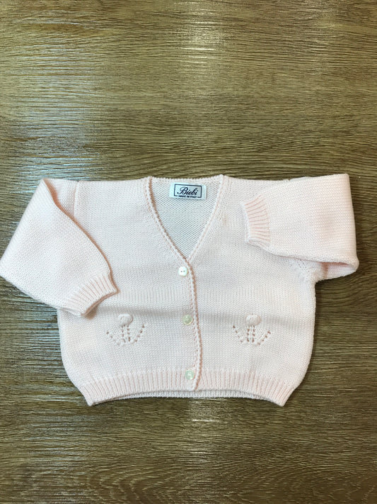 Cardigan Biebi in lana rosa con piccoli bottoncini e ricamo sul davanti