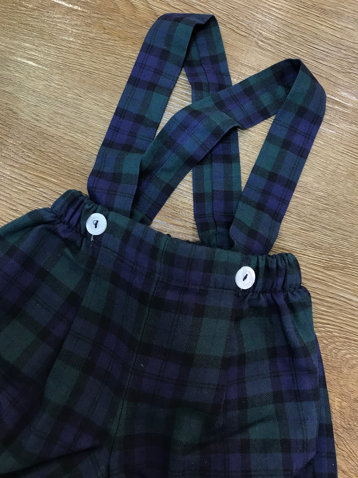 Pantalone Colibrì con bretelle a sbuffo scozzese nei toni del blu scuro e verde