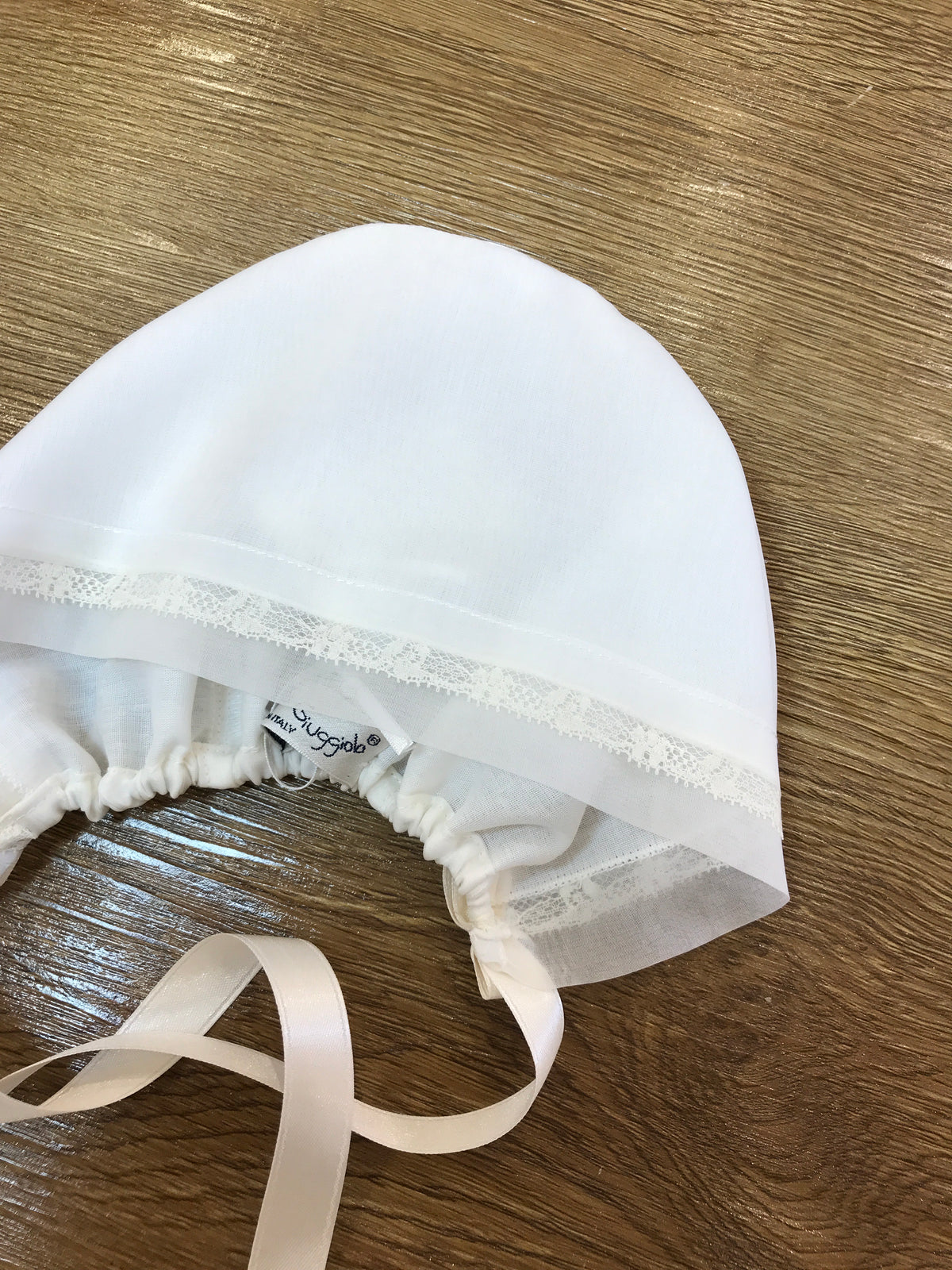 Cuffia Piccola Giuggiola in organza in seta panna conm valancienne