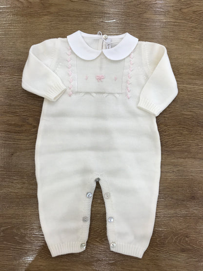 Tutina Baby Lord in lana panna con fiocchetto rosa ricamato