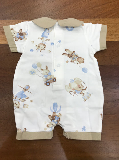 Pagliaccetto Le Bebè in cotone bianco con polsini beige con collo beige ed animaletti sul davanti