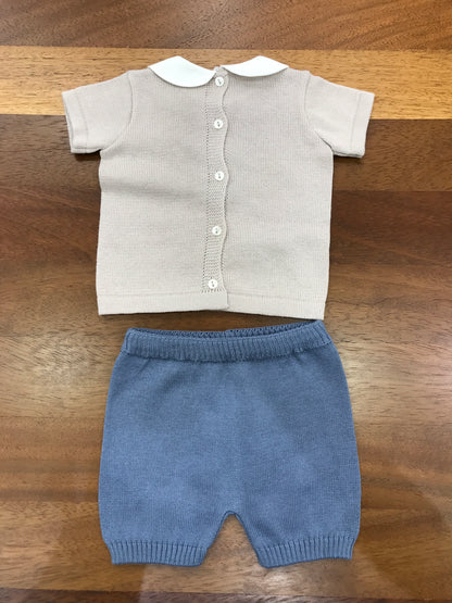 Completo Baby Lord in filo avio e tortora mezza manica con collo tondo bianco con orso centrale avio pantalone corto