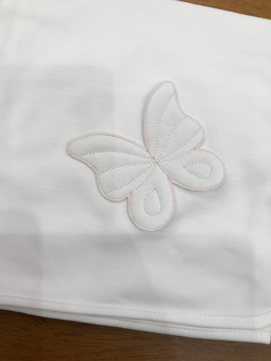 Mussola Baby Gi in cotone bianca con farfalla bianca e ricami rosa applicata lateralmente