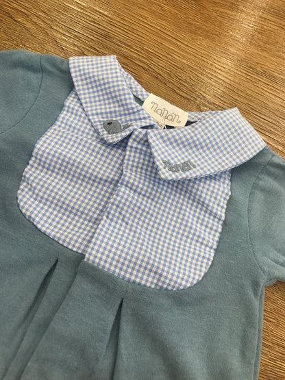 Tutina Nanan intera caldo cotone con piedini collo camicia con quadretti bianchi e azzurri e balena ricamata sul colletto