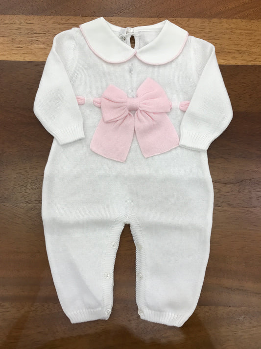 Tutina Baby Lord in filo manica lunga collo tondo bianco rifinito in rosa con fiocco applicato sul davanti in rosa