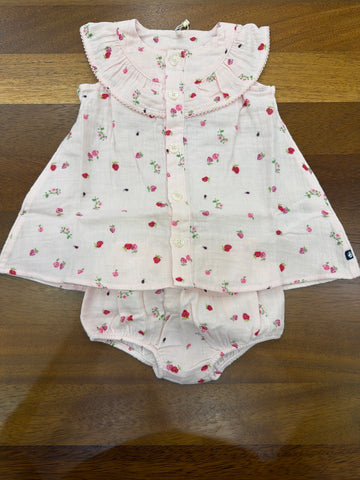 Completo Petit Bateau in mussola due pezzi collo con rusche rosa decorato da roselline con abbinata culotte