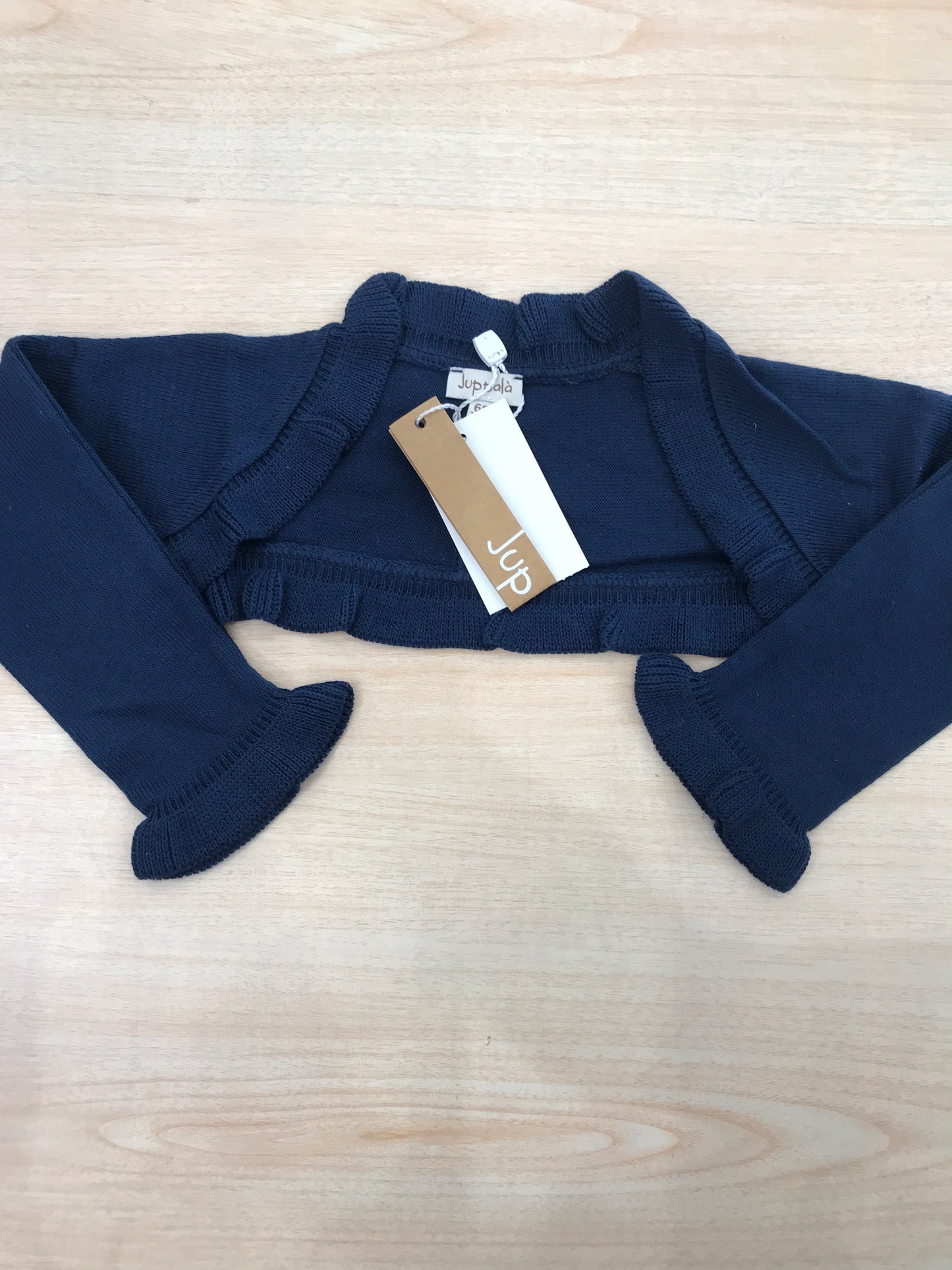 Cardigan Juppolà in filo blu scuro con rusche smerlata