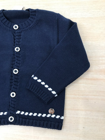 Cardigan Paz Rodriguez in filo blu scuro con rifiniture bianche e piccoli bottoncini
