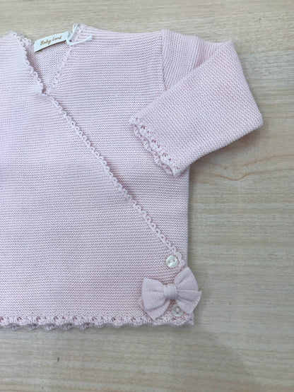 Cardigan Baby Lord in filo rosa chiusura ad incrocio con fiocchetti ai due lati