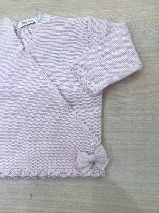 Cardigan Baby Lord in filo rosa chiusura ad incrocio con fiocchetti ai due lati