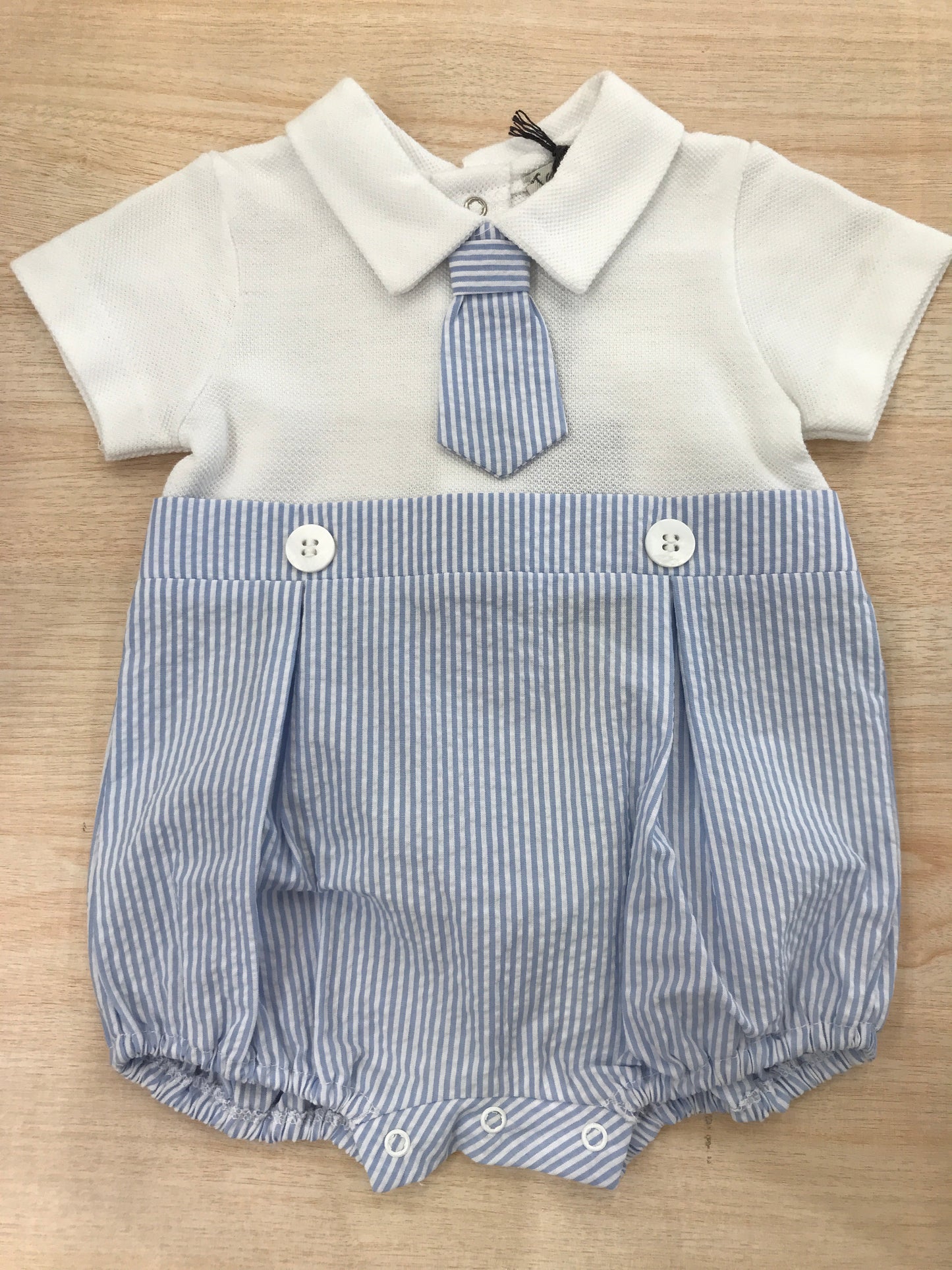 Pagliaccetto Jo Milano in cotone effetto camicia con cravatta a righe bianche e celesti