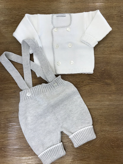 Completo Colibrì in filo di cotone due pezzi salopette con bretelle cardigan con ricamo grigio