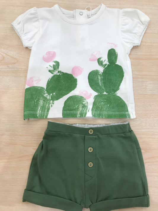 Completo Coccodè in cotone t-shirt bianca mezza manica con disegni pantalone verde con bottoncini