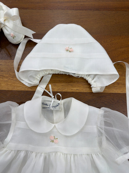 Abitino Piccola Giuggiola in organza in seta panna con culotte con roselline ricamate