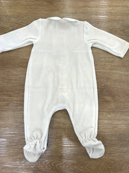 Tutina Paz Rodriguez intera in ciniglia beige con corpetto decorato da finta camicia con ricami