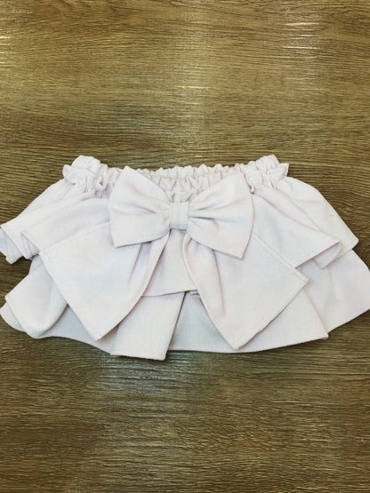 Culotte Fofettes in velluto a coste nei toni del rosa con doppia ruche e fiocco sul retro