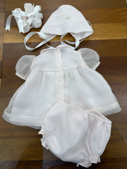 Abitino Piccola Giuggiola in organza in seta rosa con culotte con roselline ricamate