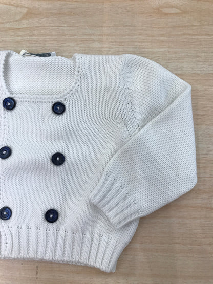 Cardigan Colibrì in filo bianco doppio petto con bottoncini blu