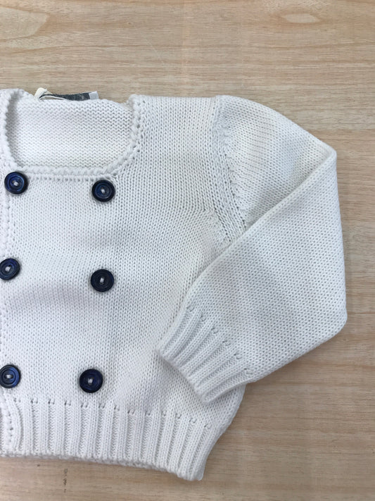 Cardigan Colibrì in filo bianco doppio petto con bottoncini blu