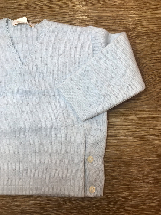Cardigan Baby Lord in lana ad incrocio celeste con pois grigi