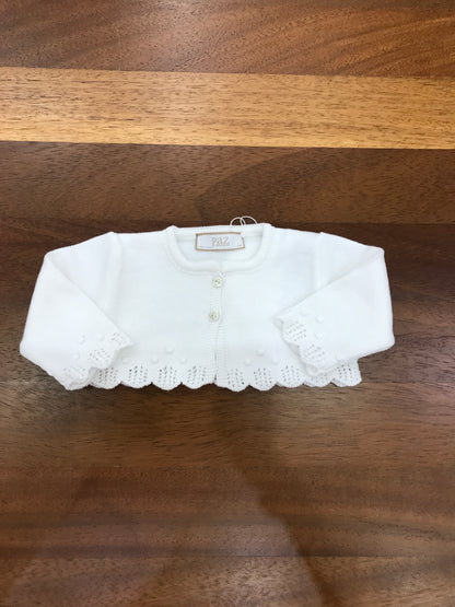 Cardigan Paz Rodriguez in filo bianco  manica lunga smerlata ai polsini con tre piccoli bottoncini