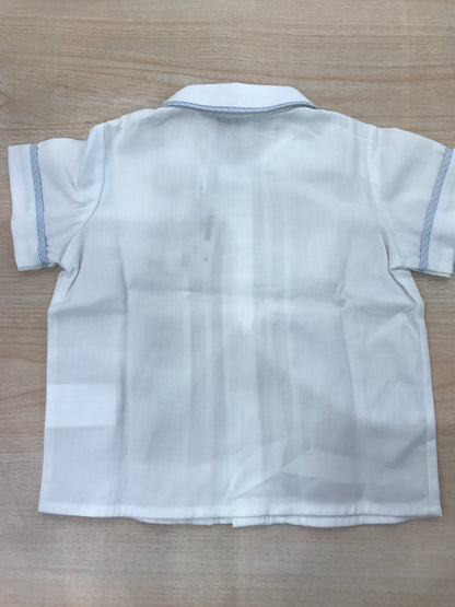 Camicia Colibrì mezza manica in cotone bianca con pieghe con con rifiniture celesti e pois sul davanti