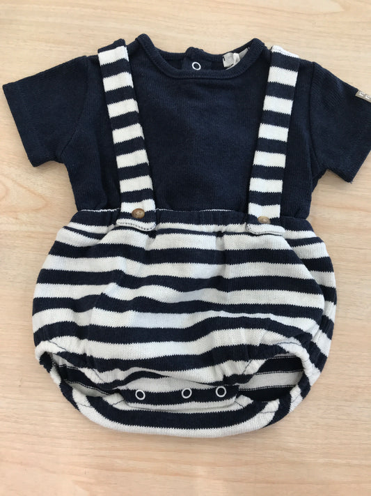 Pagliaccetto Nanan in cotone salopette con bretelle a righe con t-shirt blu