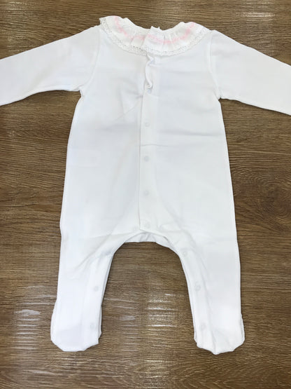 Tutina Laranjinha in cotone intera bianca con collo con rusche ricamata